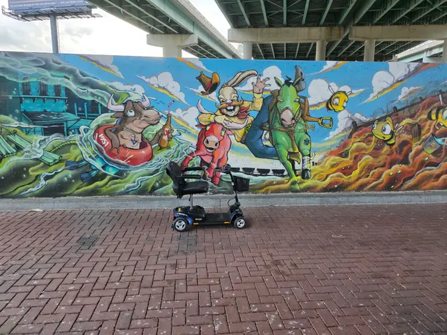 Mobility scooter from KC Mobility at a cartoon mural in Kansas City
