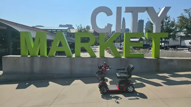 Accessible visit to City Market letters with a mobility scooter rental, Kansas City