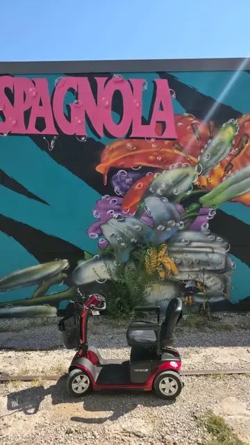 Accessible visit to a creature mural with a mobility scooter rental, Kansas City