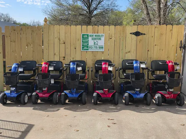 Mobility scooters from KC Mobility at a fleet row in Kansas City
