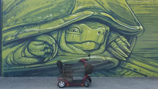 Mobility scooter rental on location at a giant turtle mural, Kansas City