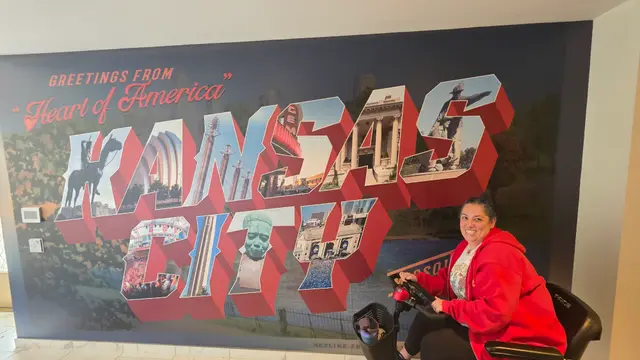 Mobility scooter from KC Mobility at Greetings from Kansas City mural in Kansas City