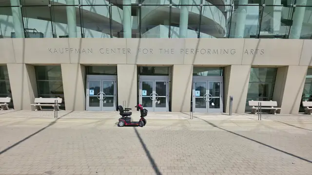 Accessible visit to Kauffman Center entrance with a mobility scooter rental, Kansas City