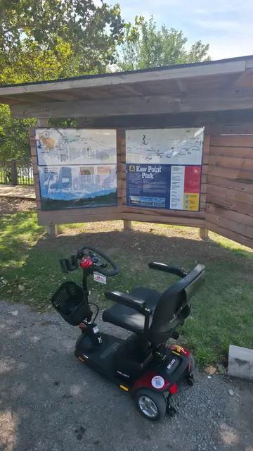 Mobility scooter from KC Mobility at Kaw Point Park signage in Kansas City, KS