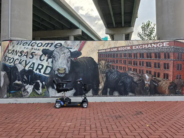 Mobility scooter rental on location at KC Stock Exchange cattle mural, Kansas City