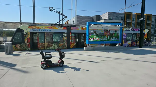 Mobility scooter rental at KC Streetcar riverfront stop, Kansas City