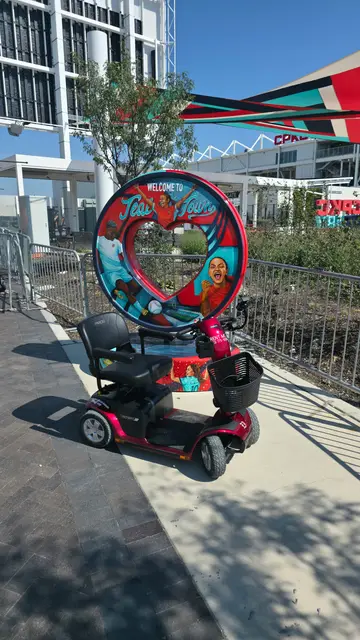Accessible visit to a painted heart sculpture river market with a mobility scooter rental, Kansas City