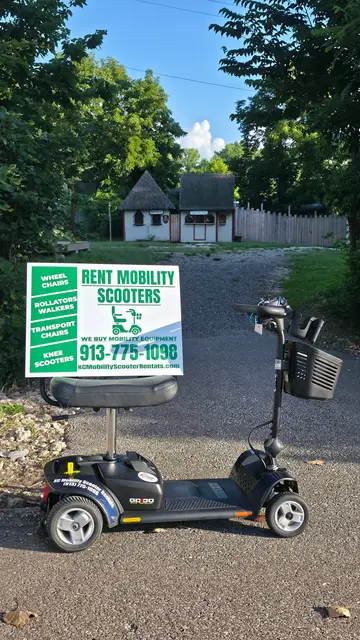 Accessible visit to a rent mobility scooters sign with a mobility scooter rental, Kansas City
