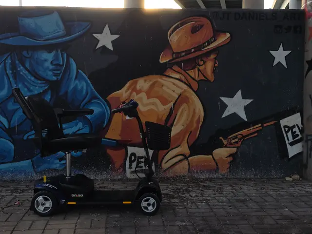 Mobility scooter from KC Mobility at a soldier mural in Kansas City