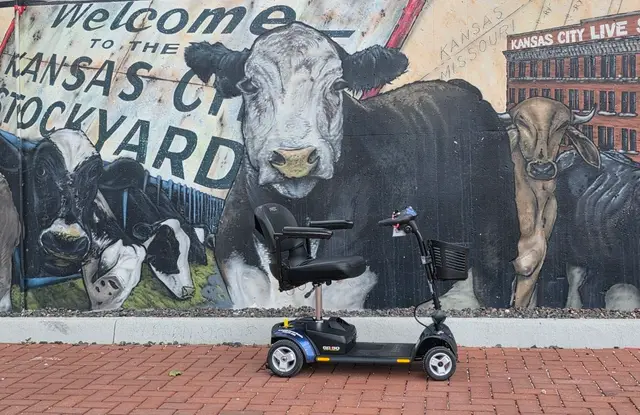 Accessible visit to Stockyards cattle mural with a mobility scooter rental, Kansas City
