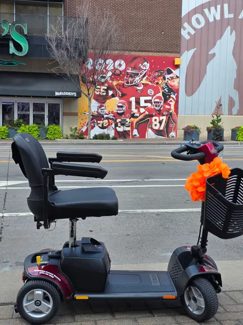 Mobility scooter from KC Mobility at a t-mobile center banners in Kansas City