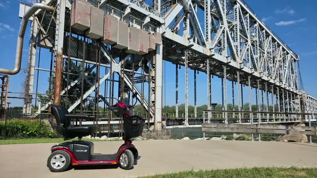 Mobility scooter rental on location at a truss bridge, Kansas City