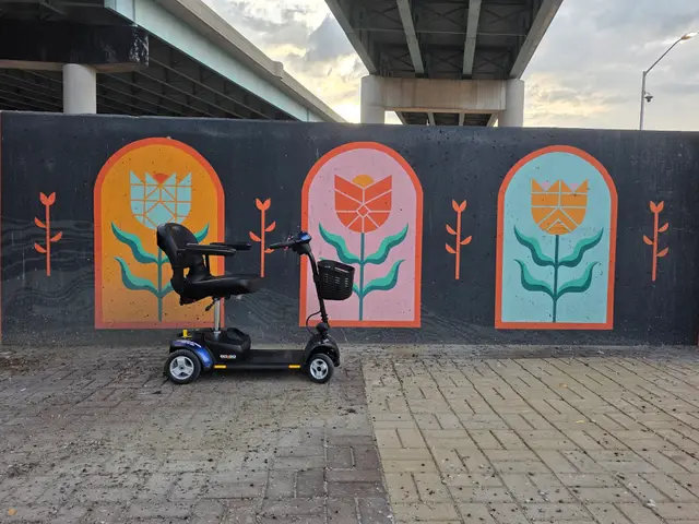Mobility scooter rental on location at a tulip arch mural, Kansas City