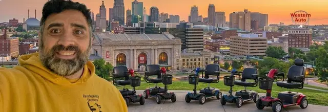 Mobility scooters on location at Union Station skyline view, Kansas City