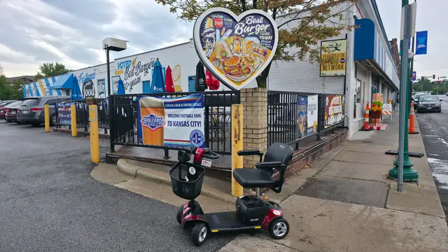 Mobility scooter from KC Mobility at Westport heart sign in Kansas City